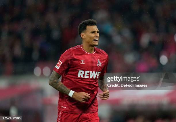 Davie Selke of 1. FC Köln looks on during the Bundesliga match between RB Leipzig and 1. FC Köln at Red Bull Arena on October 28, 2023 in Leipzig,...