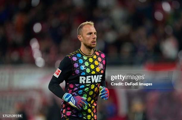 Marvin Schwäbe of 1. FC Köln looks on during the Bundesliga match between RB Leipzig and 1. FC Köln at Red Bull Arena on October 28, 2023 in Leipzig,...