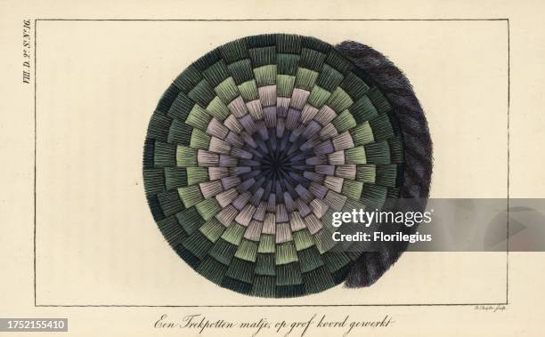 Mat woven from thick coloured string. Handcoloured copperplate engraving by D. Sluyter from Anna Barbara van Meerten's Penelope, Or Maandwerk aan het...