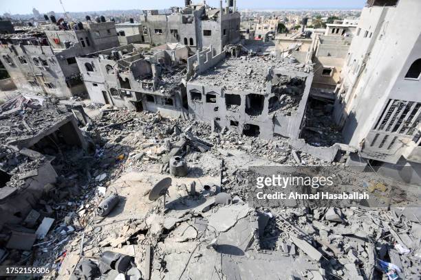 General view of buildings which were destroyed during Israeli air raids in the southern Gaza Strip on October 23, 2023 in Khan Yunis, Gaza. Gazans...