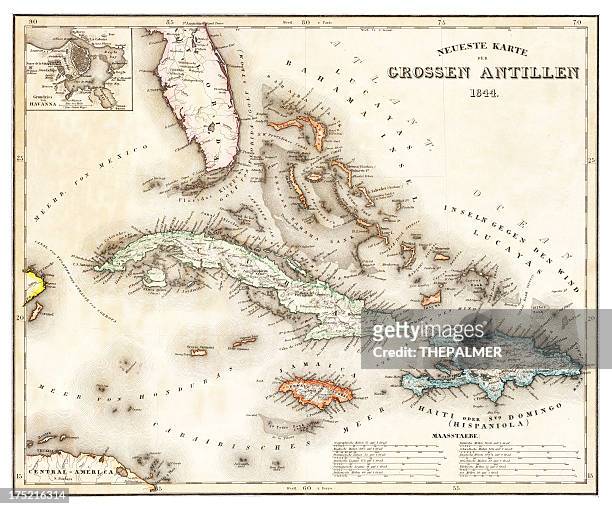 karte der karibik 1844 - caribbean sea stock-grafiken, -clipart, -cartoons und -symbole