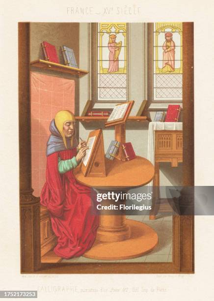 Calligrapher transcribing a manuscript book in his study, France, 15th century. He writes at a lectern in a room with leather-bound books,...