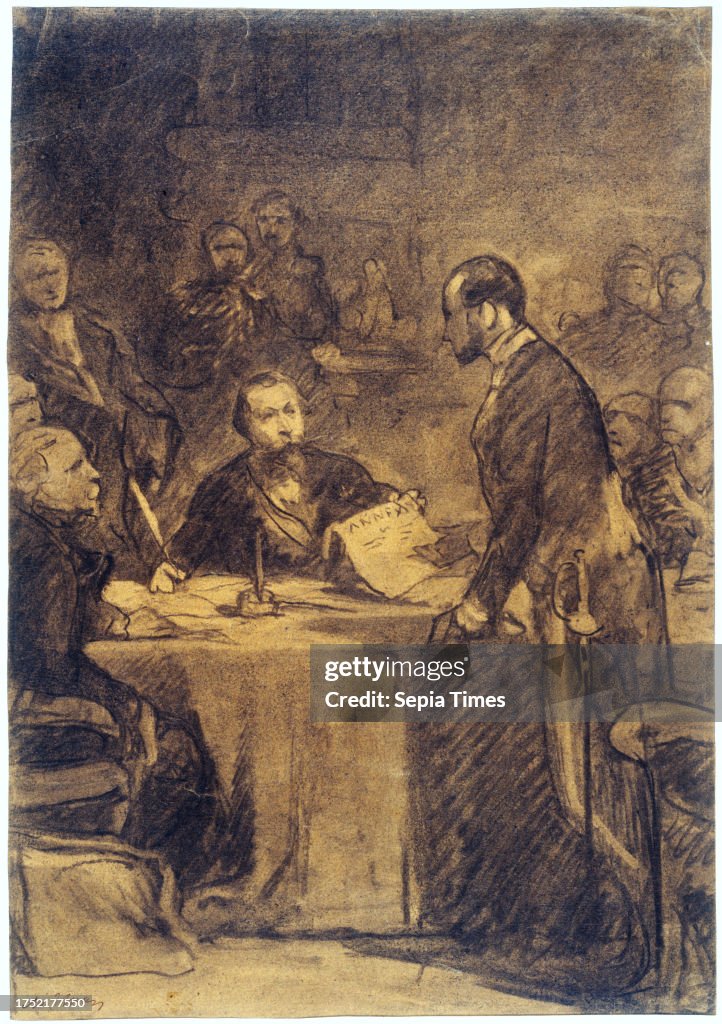 Napoleon III handing over to Baron Haussmann the decree of annexation of the bordering communes (February 16, 1859), Yvon, Frédéric Adolphe, Painter, In 1865, Painting, Painting