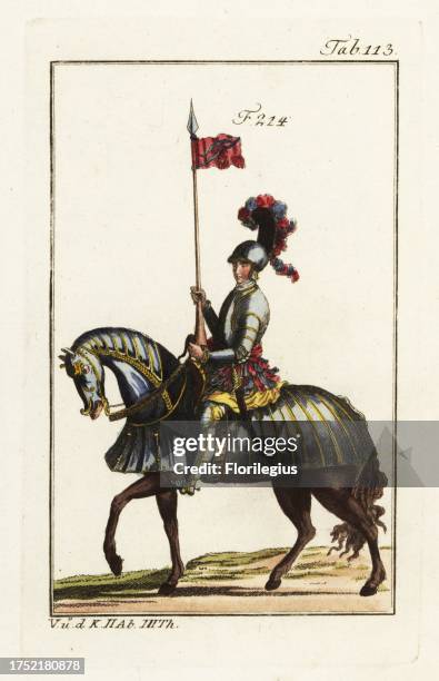 Mounted ensign in plate armor holding a purple standard with blue diagonal lines. The knight's colors of purple and blue are seen in the skirts and...
