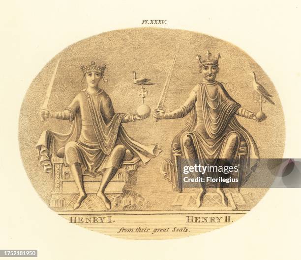 King Henry I and King Henry II of England, from their great seals. In crown, mantle, tunic, seated on throne with sword and orb. Handtinted engraving...