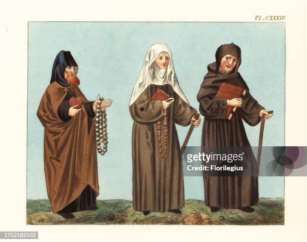 Religious habits of the 15th century. Monks in cassocks and nun in veil, wimple and habit holding rosaries, Bibles and staffs. From Guillaume de...