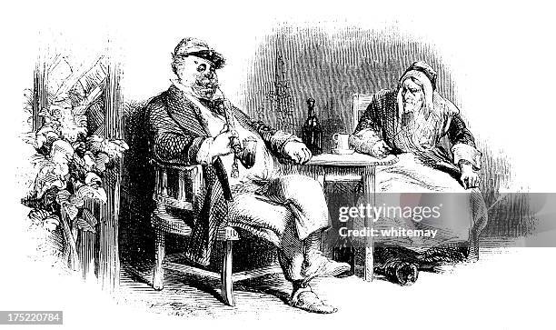 old couple sitting at a table - two coffee cups stock illustrations