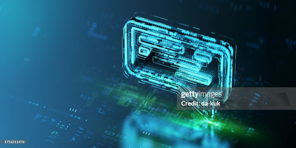 Holograma de ícone do Digital On-line Chat sobre o futuro background tecnológico. Evolução do suporte por chat. Ícone de bate-papo futurista no mundo do progresso tecnológico e da inovação. Renderização CGI 3D