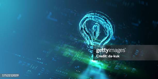 digital light bulb icon hologram on future tech background. new ideas evolution. futuristic light icon in world of technological progress and innovation. cgi 3d render - efeito de luz imagens e fotografias de stock