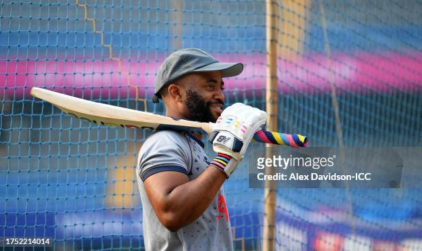 Temba Bavuma of South Africa looks on during the ICC Men's Cricket World Cup India 2023South Africa & Bangladesh Net Sessions at Wankhede Stadium on...