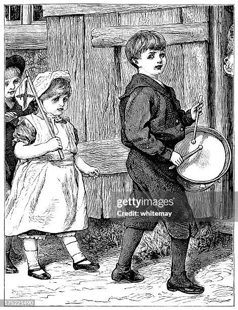 victorian boy beating a drum - child marching stock illustrations