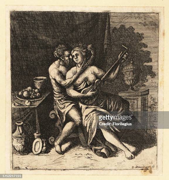 Allegorical scene with man seducing a woman as she plays guitar, 18th century. They wear classical robes and seat at a table decorated with platter,...