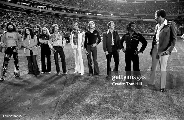 Significant Georgia celebrities are recognized at the Atlanta Braves season opening home pre-game ceremony at Atlanta-Fulton County Stadium in...