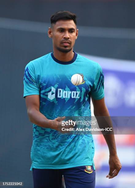 Mustafizur Rahman of Bangladesh looks on during the ICC Men's Cricket World Cup India 2023South Africa & Bangladesh Net Sessions at Wankhede Stadium...