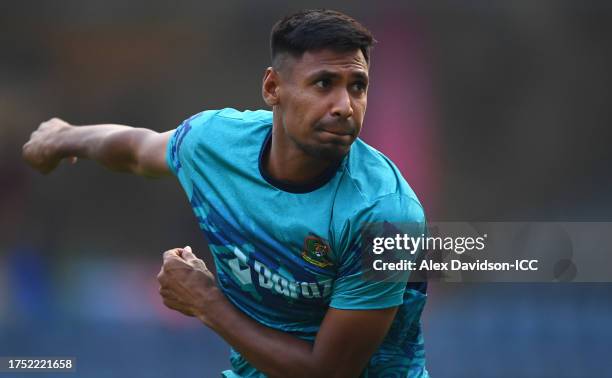 Mustafizur Rahman of Bangladesh in bowling action during the ICC Men's Cricket World Cup India 2023South Africa & Bangladesh Net Sessions at Wankhede...