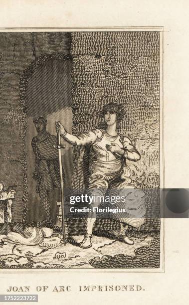 Joan of Arc imprisoned by the Burgundians at Beaurevoir Castle, 1430. She holds the sword from St Catherine de Firebois church. Copperplate engraving...