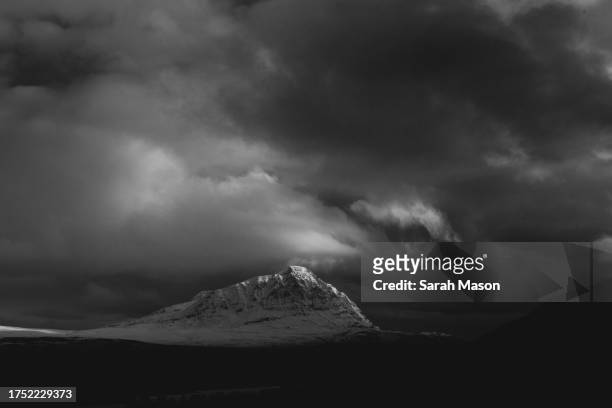 black & white image of a snow capped scottish mountain - majestic stock pictures, royalty-free photos & images