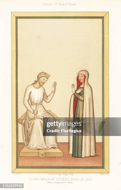 Jewish queen Esther or Hadassah pleading with her husband King Ahasuerus of Persia. Depicted in Italian fashions of the early 14th century. Esther...