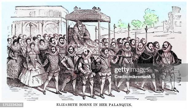 old engraved illustration of queen elizabeth i borne in her palanquin (1533 – 1603), queen of england and ireland - woman body painting stock pictures, royalty-free photos & images