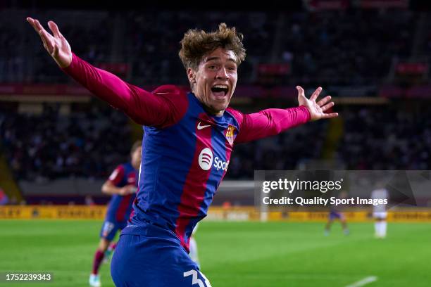 Marc Guiu of FC Barcelona celebrates after scoring his team's opening goal during the LaLiga EA Sports match between FC Barcelona and Athletic Bilbao...