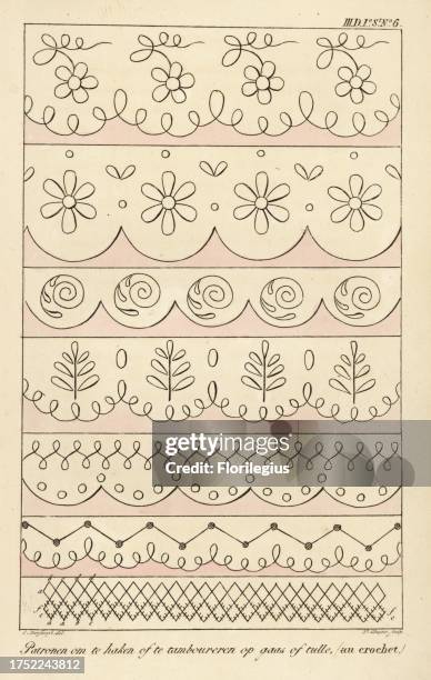 Crochet patterns for gauze or tulle. Handcoloured copperplate engraving by D. Sluyter after an illustration by Cornelis Borsteegh from Anna Barbara...