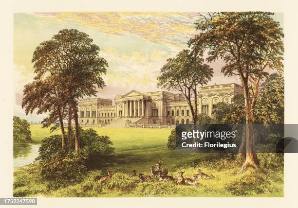 South facade of Stowe Park, Buckinghamshire, England. Neo-classical Grecian-style house designed by Robert Adam and finished by Thomas Pitt in 1779....