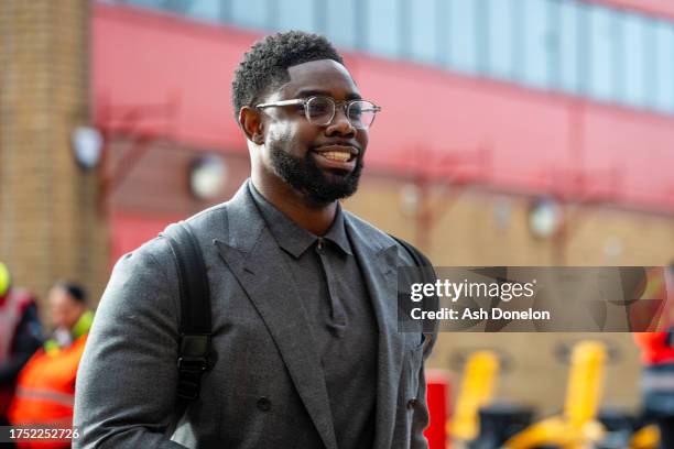Micah Richards arrives prior to the Premier League match between Manchester United and Manchester City at Old Trafford on October 29, 2023 in...