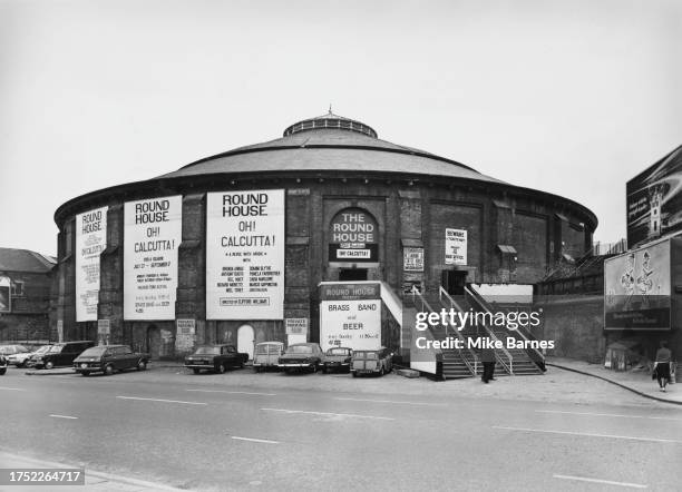 Exterior view of the Roundhouse, a concert hall and performing arts venue, staging a production of 'Oh! Calcutta!', in Chalk Farm, London, England,...