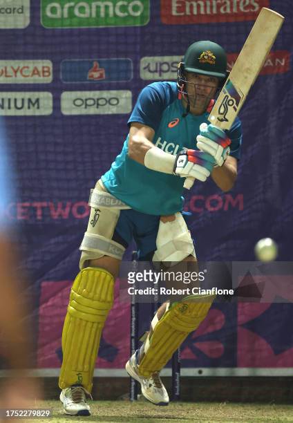 Alex Carey of Australia bats during an Australian training session at the ICC Men's Cricket World Cup India 2023 at the Arun Jaitley Stadium on...