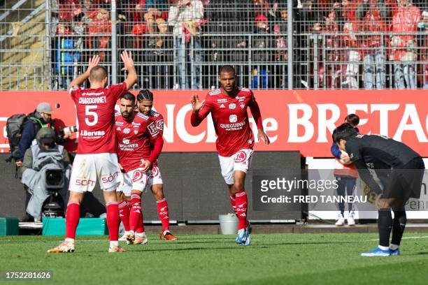 Brest's Beninese forward Steve Mounie celebrates scoring his team's first goal during the French L1 football match between Stade Brestois 29 and...
