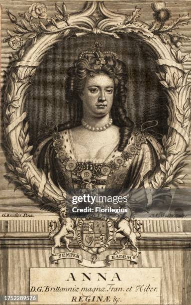 Anne , Queen of England, Scotland and Ireland, later Great Britain. In pearl necklace, cape and dress with ermine trim, chain with St. George medal,...