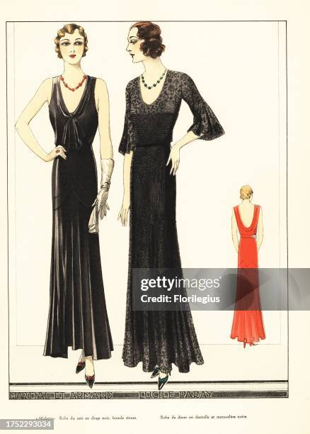 Mitchette evening dress in black wool by Martial et Armand. Dinner dress in black lace and muslin by Lucile Paray, fashion and costume designer....