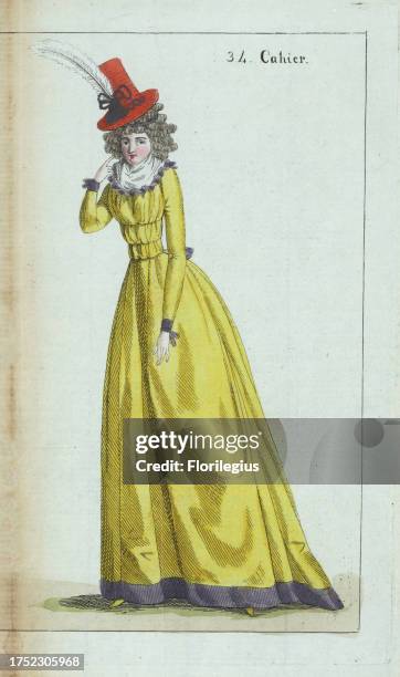 Woman in scarlet pluche hat, hair in ringlets, gauze fichu, yellow satin caraco or couleur with violet satin trim, matching petticoats, yellow satin...