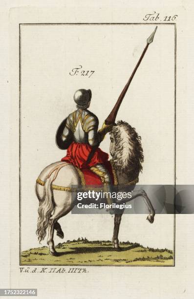 Mounted equerry in full armor with lance, shield and helmet depicted from behind 217. The knight's colors of crimson and gold are seen in the skirts...