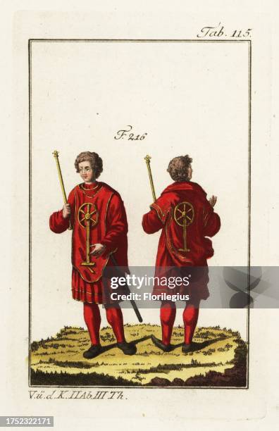 Young herald in formal robes shown from front and back 216. He wears a crimson tunic over crimson skirt and hose. The herald performed an important...