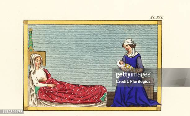 The ladies chamber, 14th century. Woman sleeping in bed with rich bedclothes f.153r, the Woman menaced by the Seven-Headed Dragon, Rev. 12: 4-5, in...