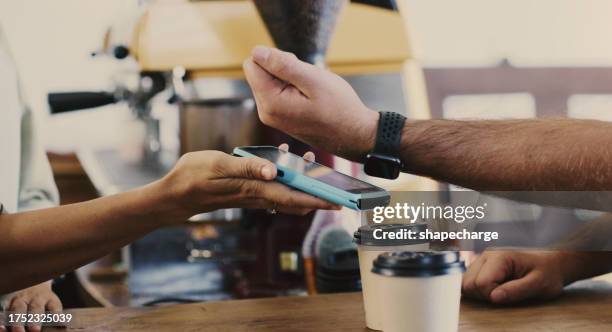 smart watch, hands and coffee payment with machine, finance and cashless banking online. cafe, closeup and customer pay on nfc, contactless ecommerce and digital transaction with espresso and tea - apple pay stock pictures, royalty-free photos & images