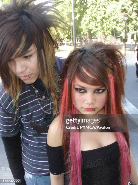 Two Emo friends with side sweep fringes strike a serious pose, Santiago, Chile 2007.