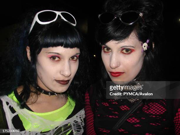 Two female Cyberpunks with powdered white faces, Santiago, Chile 2007.