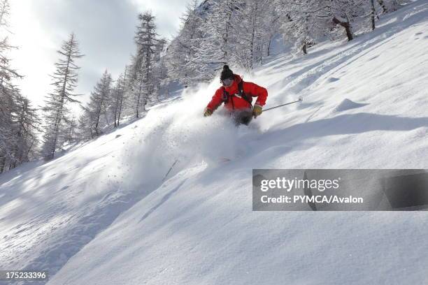 Off-piste skier enjoys the fresh powder snow that has fallen in the backcountry, Tignes, FRANCE. .