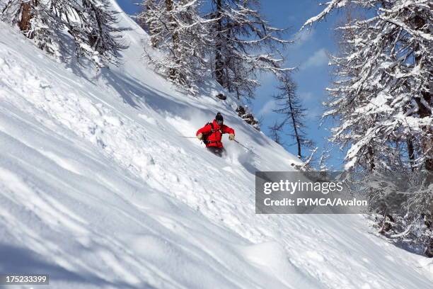 Off-piste skier enjoys the fresh powder snow that has fallen in the backcountry, Tignes, FRANCE. .