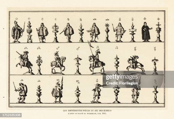 Chess pieces from the 17th century. King, knight, bishop, pawn, etc. Les differentes pieces du jeu des echecs. Engraving from New-erfundenes Grosses...