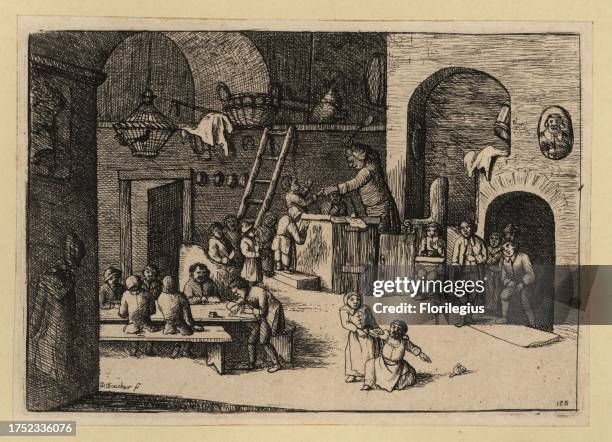 European school scene from the 17th century. A tutor beats a child with a wooden spoon from a pulpit, a child sits in the stocks, a girl pulls on...