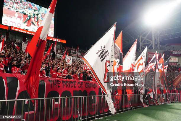 Fans of Urawa Red Diamonds cheer prior to the J.LEAGUE Meiji Yasuda J1 30th Sec. Match between Urawa Red Diamonds and Kashiwa Reysol at Saitama...