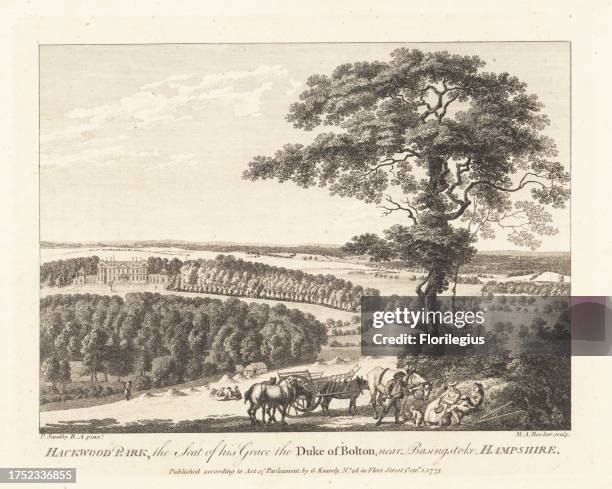 View of Hackwood Park, the seat of the Duke of Bolton, near Basingstoke, Hampshire, painted by Paul Sandby in 1764. Showing the woods, formal lawn...