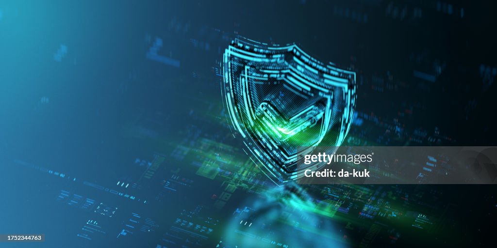 Holograma de ícone de escudo digital em plano de fundo de tecnologia do futuro. Evolução da segurança e proteção. Ícone de escudo futurista no mundo do progresso tecnológico e da inovação. Renderização CGI 3D