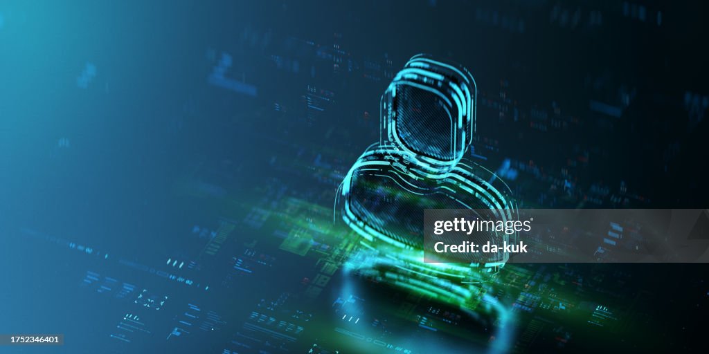 Standing out of the crowd. Digital person hologram on future tech background. Productivity and personalisation evolution. Futuristic man icon in world of technological progress and innovation. CGI 3D render