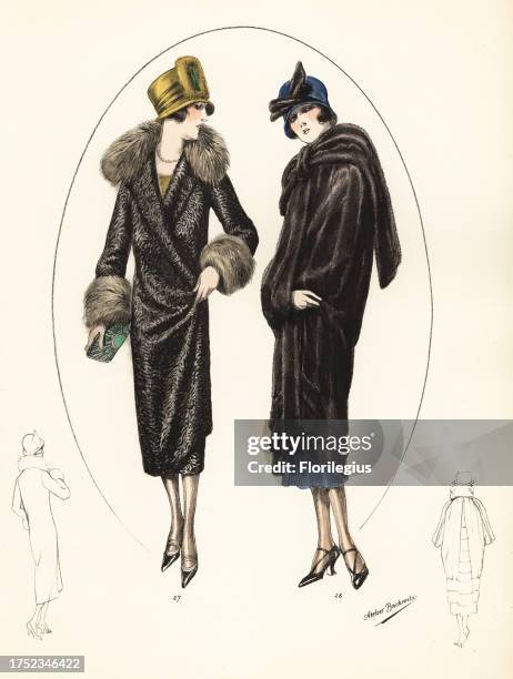 Fashionable women in short bob haircuts, cloche hats and luxurious fur coats. Persian lamb's wool coat with leopard collar and cuffs, manteau en...