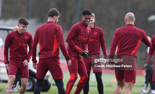 Marcus Rashford of Manchester United in action during a first team training session at Carrington Training Ground on October 23, 2023 in Manchester,...