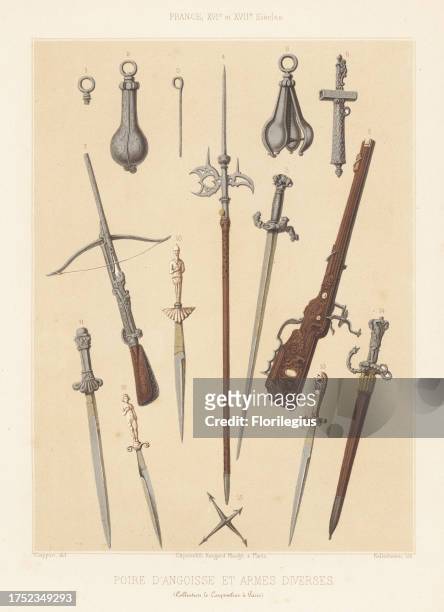 Torture devices and weapons from the 16th and 17th century. Pear of anguish invented by Palioli 1-3 halberd 4, key 6, arbalete or crossbow 7, sabre...